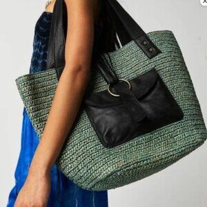 Free People En Riva Raffia + Leather Hand Crafted Tote Bag Moss Green